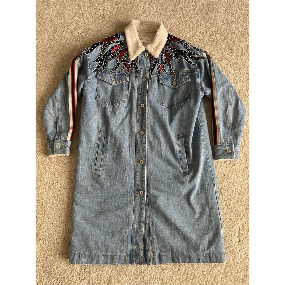 Uooyaa Denim Sherpa Trench Jacket Womens Size Small Flames Jeweled Sequin 160/80 - Picture 3 of 6